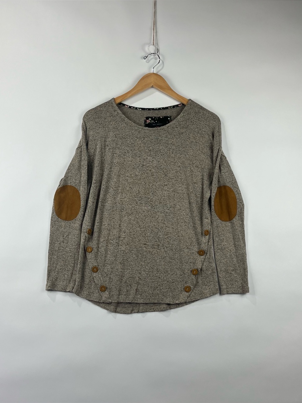 Blu Pepper Soft Knit Top Elbow Patches Decorative Buttons M